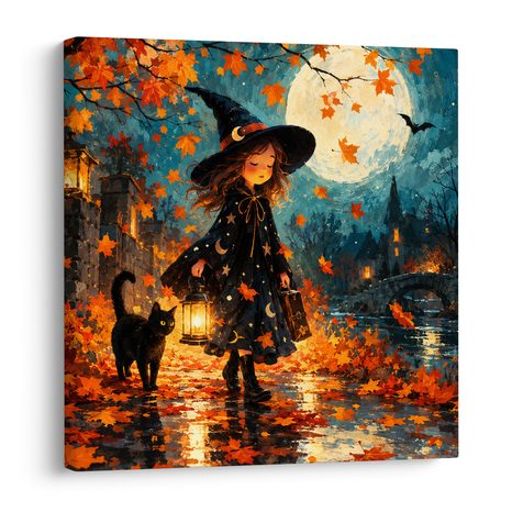 QUADRO SU TELA – GATTO NERO SOTTO LA LUNA PIENA - QUADRI HALLOWEEN E HORROR - STAMPE E QUADRI