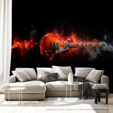 SELBSTKLEBENDE FOTOTAPETE BRENNENDE E-GITARRE IM RAUCH - MUSIK FOTOTAPETEN - TAPETEN