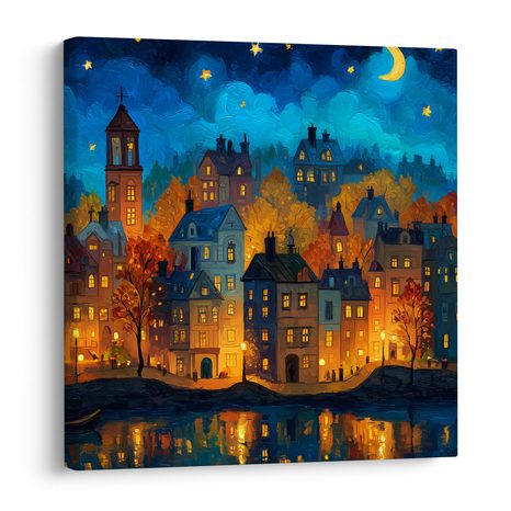 WANDBILD HERBSTLICHE ABENDMÄRCHEN - BUNTE HÄUSER - BILDER