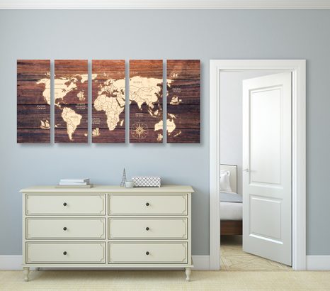 5-TEILIGES WANDBILD WELTKARTE AUF HOLZ - WELTKARTEN ALS BILDER - BILDER