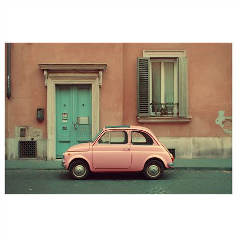 OBRAZ RŮŽOVÝ RETRO VŮZ V MĚSTĚ - OBRAZY AUT - OBRAZY
