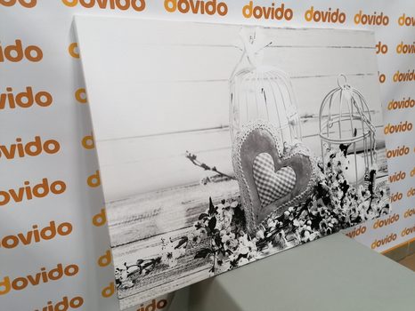 КАРТИНА НА ПЛАТНО – ВИНТИДЖ СЪРЧИЦЕ И ФЕНЕРЧЕТА В ЧЕРНО-БЯЛ ВАРИАНТ - ЧЕРНО-БЕЛИ КАРТИНИ - КАРТИНИ