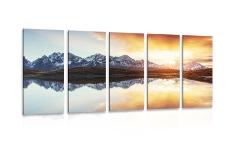 5-TEILIGES WANDBILD SCHILLERNDER SONNENUNTERGANG ÜBER DEM BERGSEE - BILDER VON NATUR UND LANDSCHAFT - BILDER