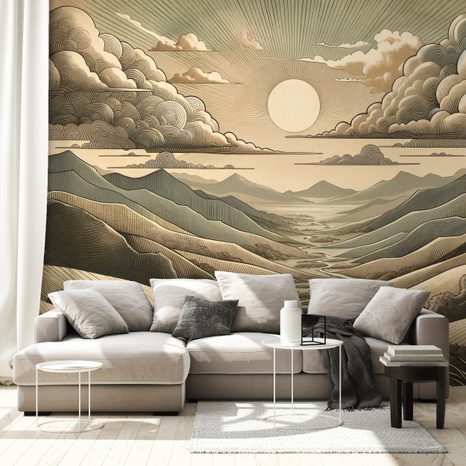 SAMOLEPÍCÍ TAPETA VINTAGE KRAJINA S HORAMI A SLUNCEM - TAPETY HORY - TAPETY