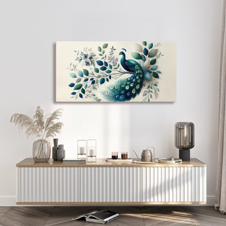 OBRAZ MODRÝ PÁV V KVETINOVEJ KOMPOZÍCII - OBRAZY PÁVY - OBRAZY