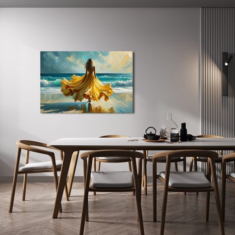 OBRAZ ŽENA V ŽLUTÝCH ŠATECH NA PLÁŽI - OBRAZY ŽENY - OBRAZY