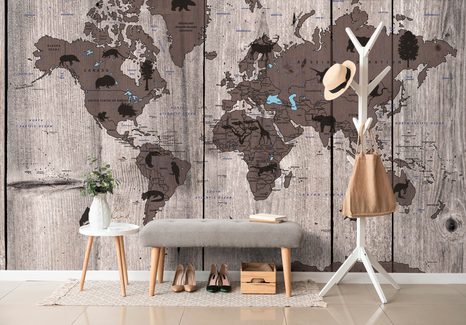 SELF ADHESIVE WALLPAPER MAP ON A WOODEN BASE - SELF-ADHESIVE WALLPAPERS - WALLPAPERS