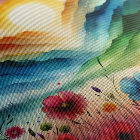 WANDBILD BERGE IN REGENBOGENFARBEN MIT WIESE - WANDBILDER FELDER UND WIESEN - BILDER