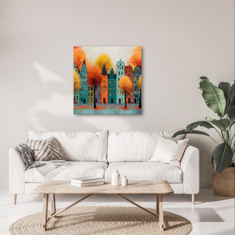 WANDBILD HERBSTLICHE STRASSE MIT BUNTEN BÄUMEN - BUNTE HÄUSER - BILDER