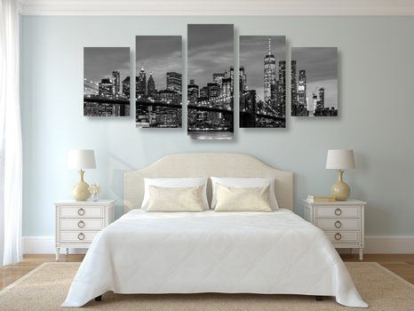 5-DIELNY OBRAZ OČARUJÚCI MOST V BROOKLYNE V ČIERNOBIELOM PREVEDENÍ - ČIERNOBIELE OBRAZY - OBRAZY