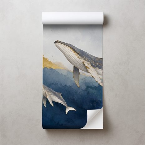 ZELFKLEVEND FOTOBEHANG AQUARELWALVISSEN IN GOUDBLAUW - FOTOBEHANG ZEELEVEN - FOTOBEHANG