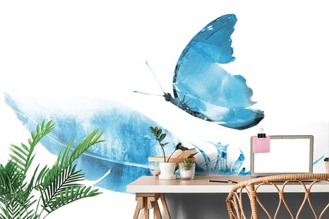 CARTA DA PARATI AUTOADESIVA – PIUMA CON FARFALLA IN STILE BLU - CARTA DA PARATI AUTOADESIVE - CARTA DA PARATI