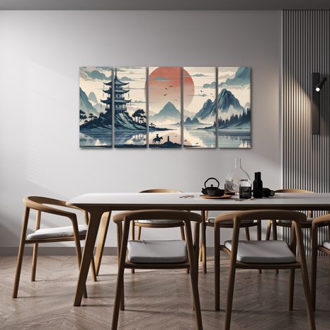 5-DÍLNÝ OBRAZ TICHÝ VEČER V JAPONSKU - OBRAZY VÝCHOD A ZÁPAD SLUNCE - OBRAZY