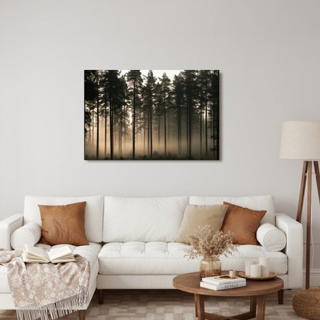 TABLEAU SUR TOILE – FORÊT DE PINS BRUMEUSE À L’AUBE - TABLEAUX FORÊT - TABLEAUX