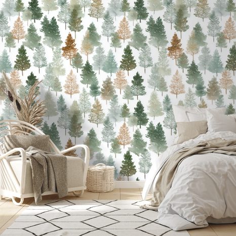 TAPETE BUNTE WALDBAUMLANDSCHAFT - GEMUSTERTE TAPETEN - TAPETEN