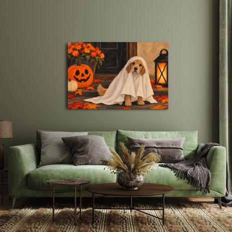QUADRO SU TELA – CAGNOLINO FANTASMA CON ZUCCA - QUADRI HALLOWEEN E HORROR - STAMPE E QUADRI