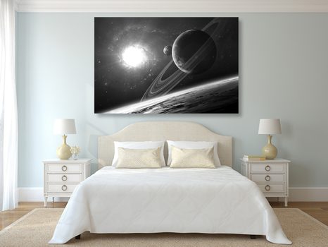 WANDBILD PLANET IM WELTRAUM IN SCHWARZ-WEISS - SCHWARZ-WEISSE BILDER - BILDER