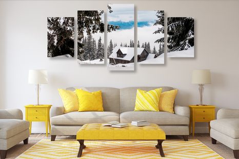 5-TEILIGES WANDBILD HOLZHAUS UND SCHNEEBEDECKTE KIEFERN - BILDER VON NATUR UND LANDSCHAFT - BILDER