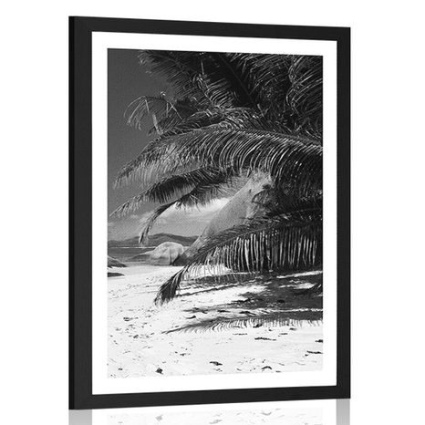 AFFICHE AVEC MONTURE MERVEILLES DE LA PLAGE D'ANSE SOURCE EN NOIR ET BLANC - NOIR ET BLANC - AFFICHES