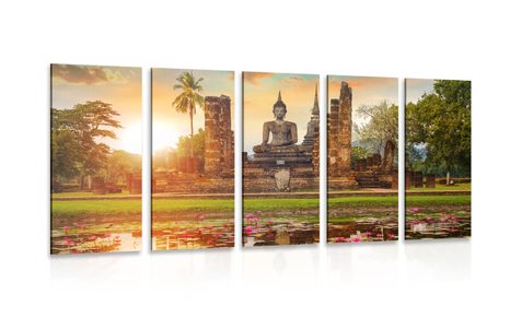 5-TEILIGES WANDBILD BUDDHA-STATUE IM PARK SUKHOTHAI - BILDER MIT FENG SHUI-MOTIVEN - BILDER