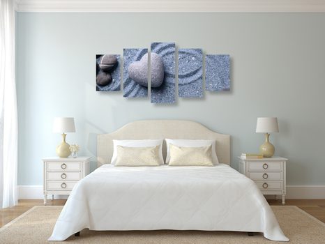 5-TEILIGES WANDBILD HERZ AUS STEIN AUF SANDIGEM HINTERGRUND - STILLLEBEN-BILDER - BILDER