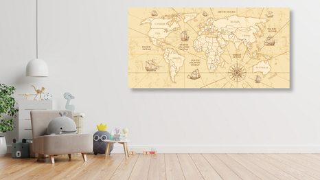 DECORATIVE PINBOARD WORLD MAP WITH BOATS - PICTURES ON CORK - PICTURES