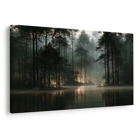 TABLEAU SUR TOILE – FORÊT BRUMEUSE AU BORD DU LAC - TABLEAUX FORÊT - TABLEAUX