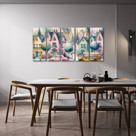 5-CZĘŚCIOWY OBRAZ PASTELOWE MIASTECZKO - OBRAZY DZIECIĘCE - OBRAZY