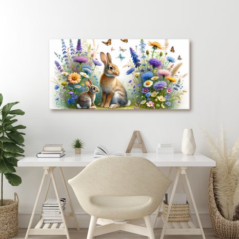 WANDBILD WIESENBLUMEN UND HÄSCHEN ZWISCHEN SCHMETTERLINGEN - KINDERBILDER TIERE - BILDER