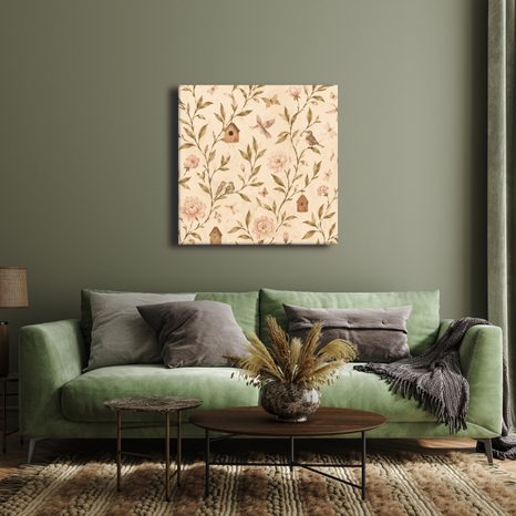 TABLEAU SUR TOILE – OISEAUX PASTEL ET PIVOINES - TABLEAUX DE FLEURS - TABLEAUX