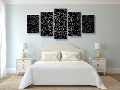 TABLOU 5-PIESE MANDALA VINTAGE ÎN STIL INDIAN ÎN DESIGN ALB-NEGRU - TABLOURI ALB-NEGRU - TABLOURI