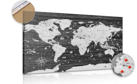 PICTURE ON A CORK BLACK & WHITE MAP ON A WOODEN BACKGROUND