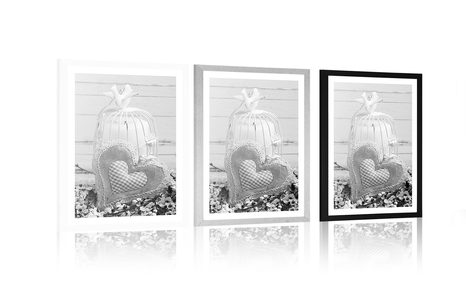 PLAKÁT S PASPARTOU VINTAGE SRDÍČKO A VOJTĚŠKY V ČERNOBÍLÉM PROVEDENÍ - ČERNOBÍLÉ - PLAKÁTY