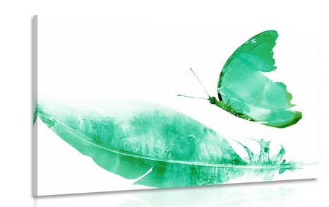 CANVAS PRINT FEATHER WITH A BUTTERFLY IN GREEN DESIGN - STILL LIFE PICTURES - PICTURES