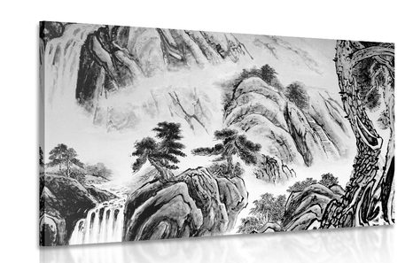 WANDBILD CHINESISCHE LANDSCHAFTSMALEREI IN SCHWARZ-WEISS - SCHWARZ-WEISSE BILDER - BILDER