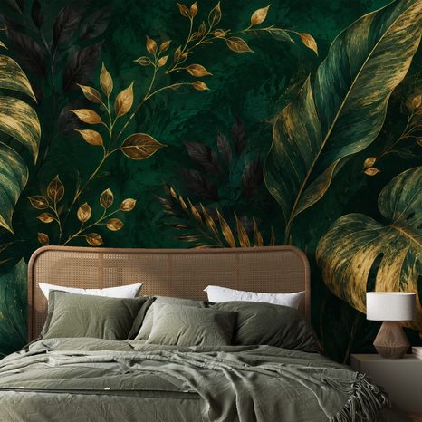 ZELFKLEVEND FOTOBEHANG LUXE GOUDEN TROPISCHE BLADEREN - FOTOBEHANG BLADEREN - FOTOBEHANG