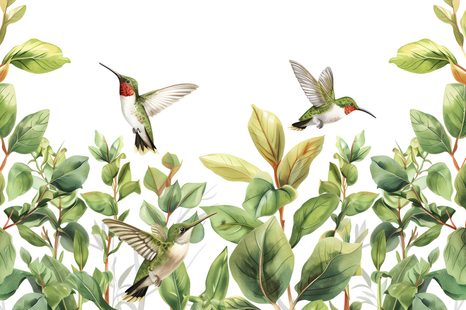 WANDBILD KOLIBRIS UND BLÄTTER - BILDER VON VÖGELN - BILDER