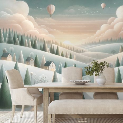 SAMOLEPÍCÍ TAPETA ZIMNÍ KRAJINA S BALÓNY - TAPETY POLE A LOUKY - TAPETY