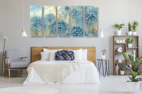 5-DÍLNÝ OBRAZ MODRÁ PAMPELIŠKA V AKVARELOVÉM PROVEDENÍ - OBRAZY KVĚTŮ - OBRAZY