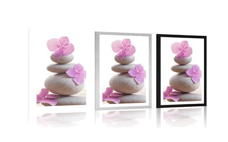 AFFICHE AVEC PASSE-PARTOUT – ÉQUILIBRE DE PIERRES ET FLEURS ORIENTALES ROSES - FENG SHUI - AFFICHES