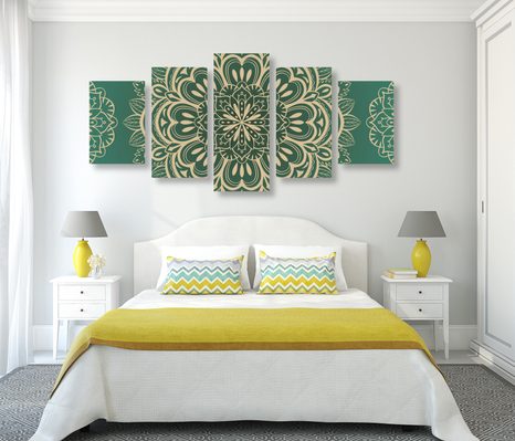 TABLOU 5-PIESE MANDALA PE UN FUNDAL TURCOAZ - TABLOURI FENG SHUI - TABLOURI