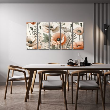 5-TEILIGES WANDBILD ZARTE MOHNBLUMEN - BILDER MOHNBLUME - BILDER