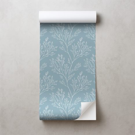 SAMOLEPÍCÍ FOTOTAPETA BÍLÉ VĚTVIČKY NA MODRÉM POZADÍ - VZOROVANÉ TAPETY - TAPETY