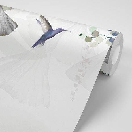 CARTA DA PARATI – FOGLIE CON COLIBRÌ IN VERDE-GRIGIO - CARTA DA PARATI LETTERE - CARTA DA PARATI