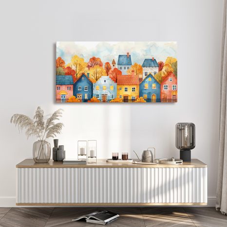 WANDBILD MALERISCHE HÄUSER IN DER LANDSCHAFT - BUNTE HÄUSER - BILDER