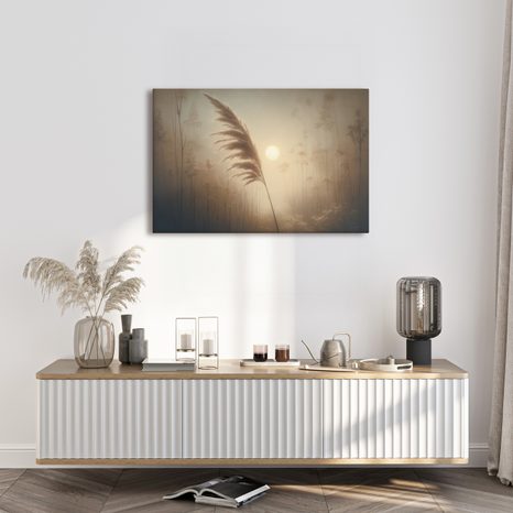 WANDBILD SCHILF IM NEBLIGEN MORGENGRAUEN - BILDER VON SONNENAUFGANG UND SONNENUNTERGANG - BILDER