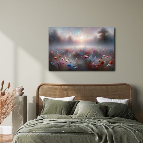 WANDBILD NEBLIGE WIESE MIT BLUMEN - WANDBILDER FELDER UND WIESEN - BILDER