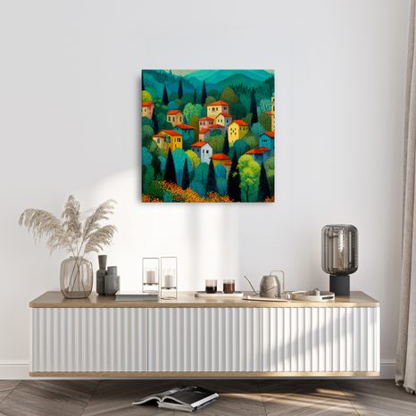 WANDBILD RUHIGES DORF IN DEN BERGEN - BUNTE HÄUSER - BILDER