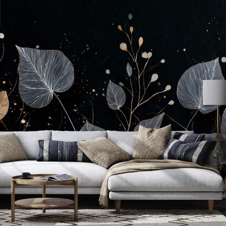 ZELFKLEVEND FOTOBEHANG ELEGANTE GOUDEN EN ZILVEREN BLADEREN - FOTOBEHANG BLADEREN - FOTOBEHANG