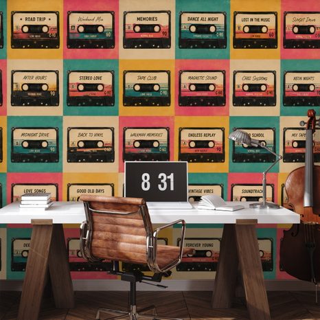 SAMOLEPILNA TAPETA RETRO KASETE V VINTAGE SLOGU - GLASBENE FOTOTAPETE - TAPETE